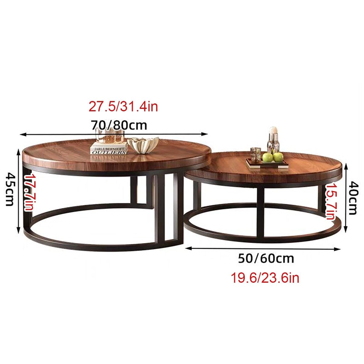 Round Nesting Coffee Tables 2-Piece Set Wood Top Metal Frame O473153