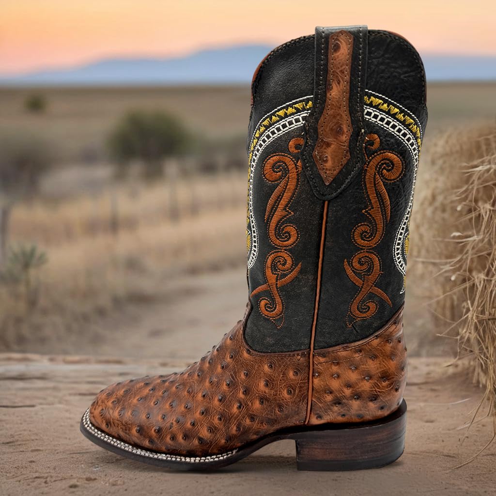 Leather Ostrich Quill Print Square Toe Western Cowboy Boot C135