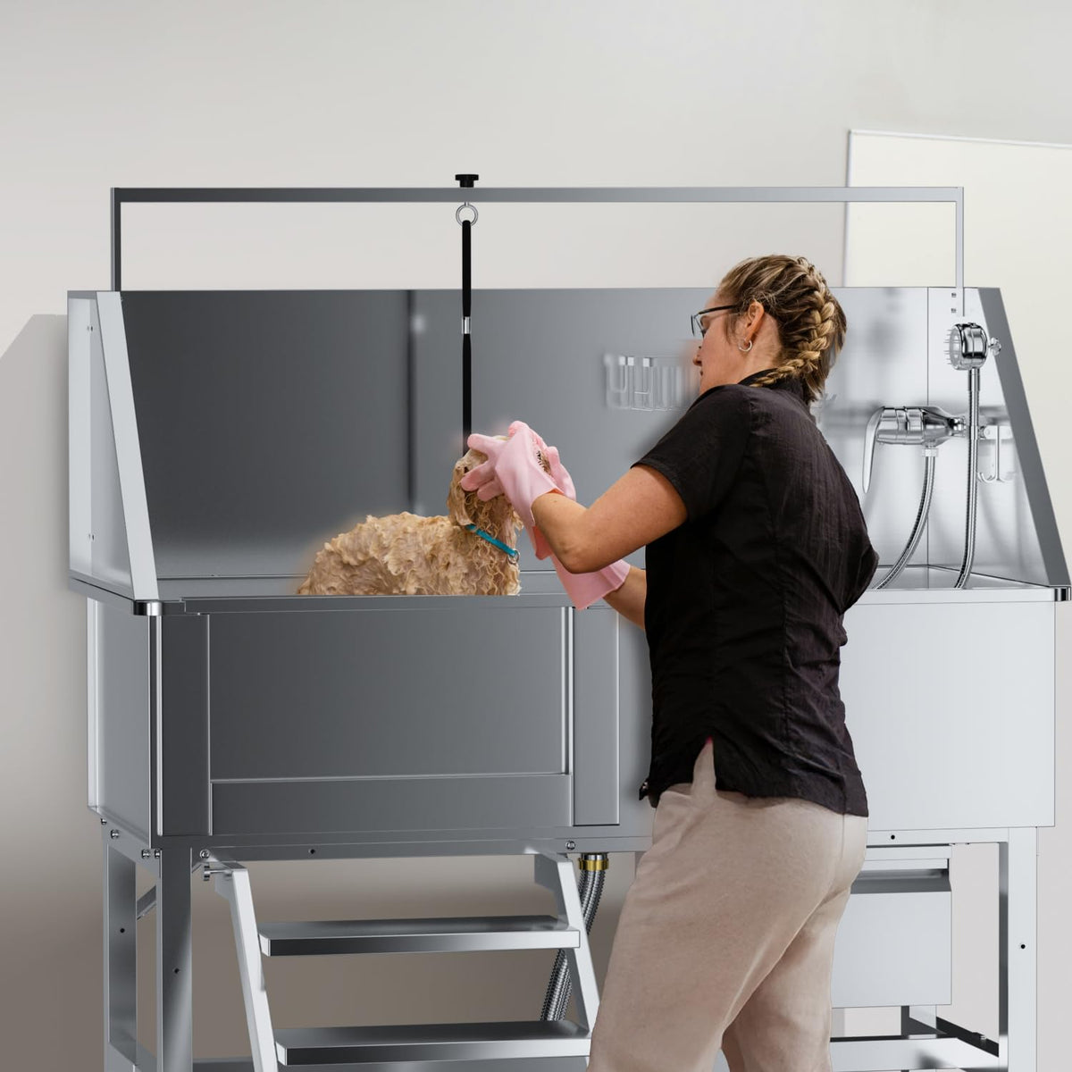 46" Stainless Steel Dog Washing Station with Stairs D7398
