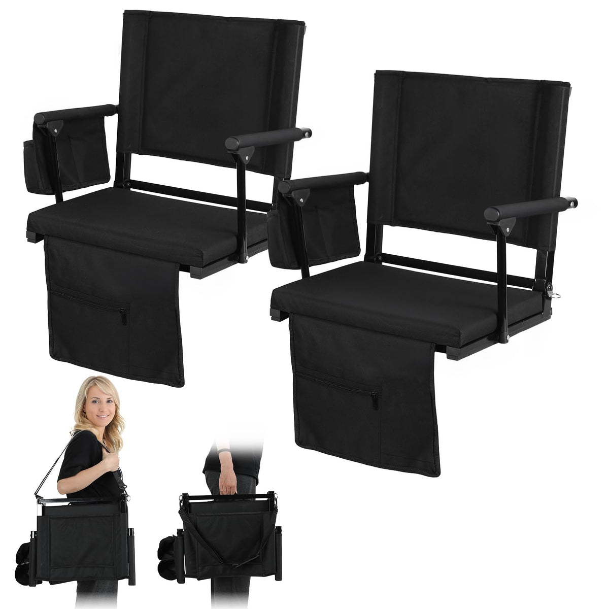 2 Pcs Folding Stadium Seats with Back Support & Cushion S6926