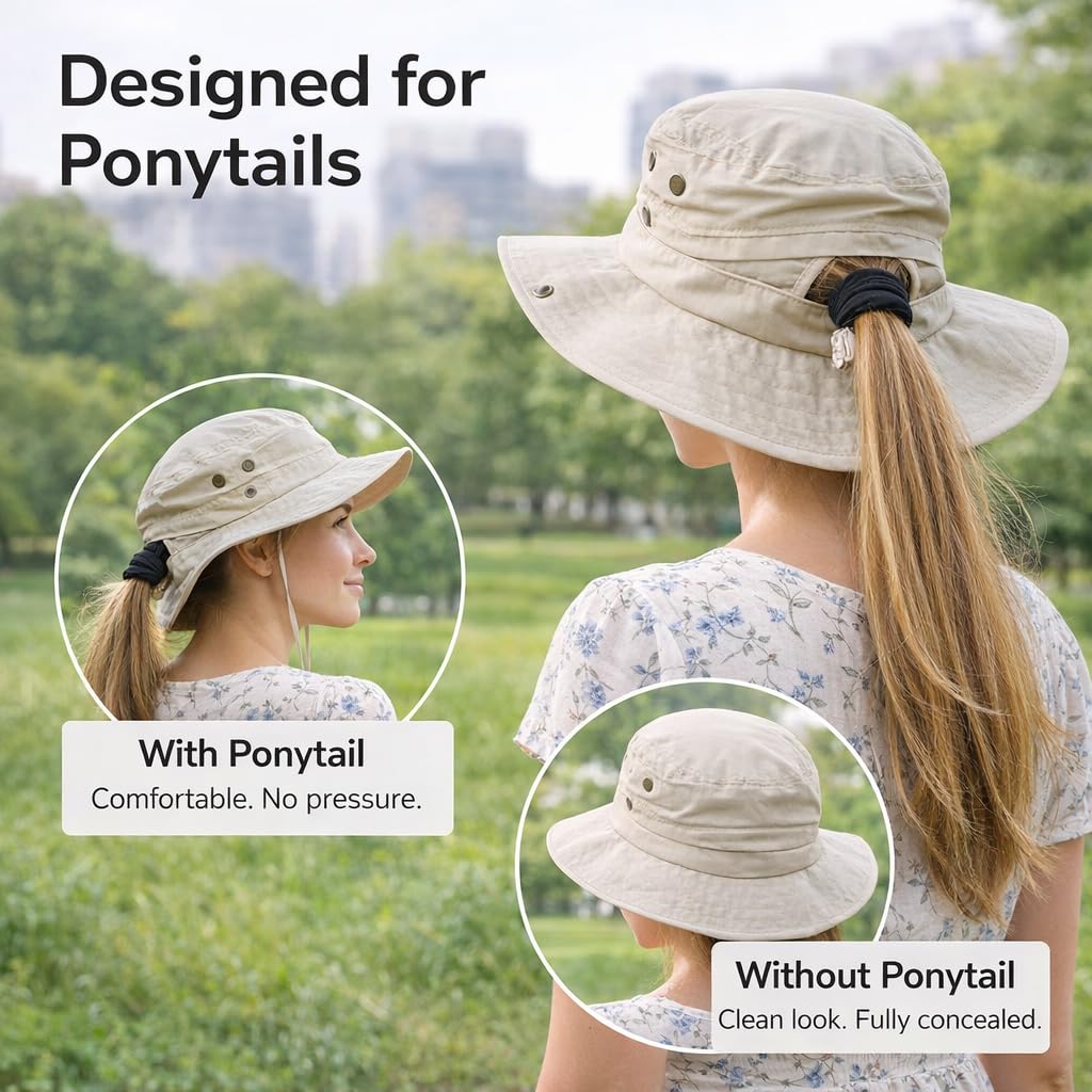 Ponytail Sun Hat Waterproof UPF 50+ Wide Brim I91193