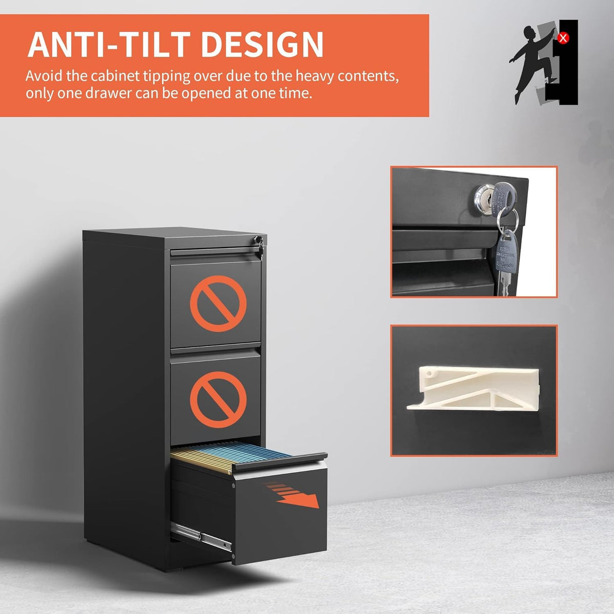 Black 3 Drawer Metal File Cabinet Z87017