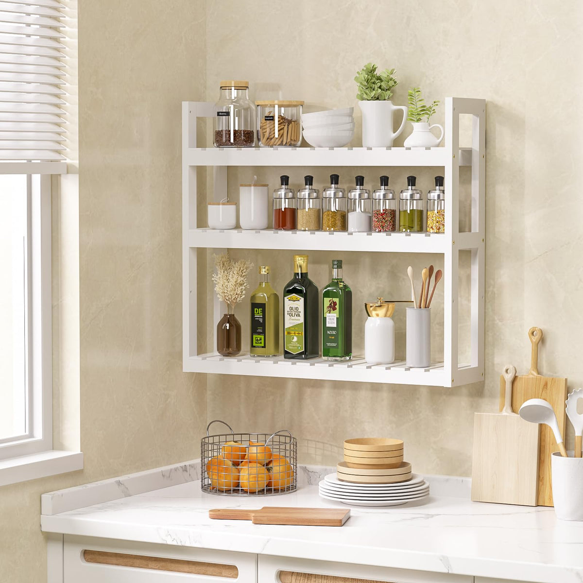 White 3 Tier Bamboo Bathroom Shelves H2843