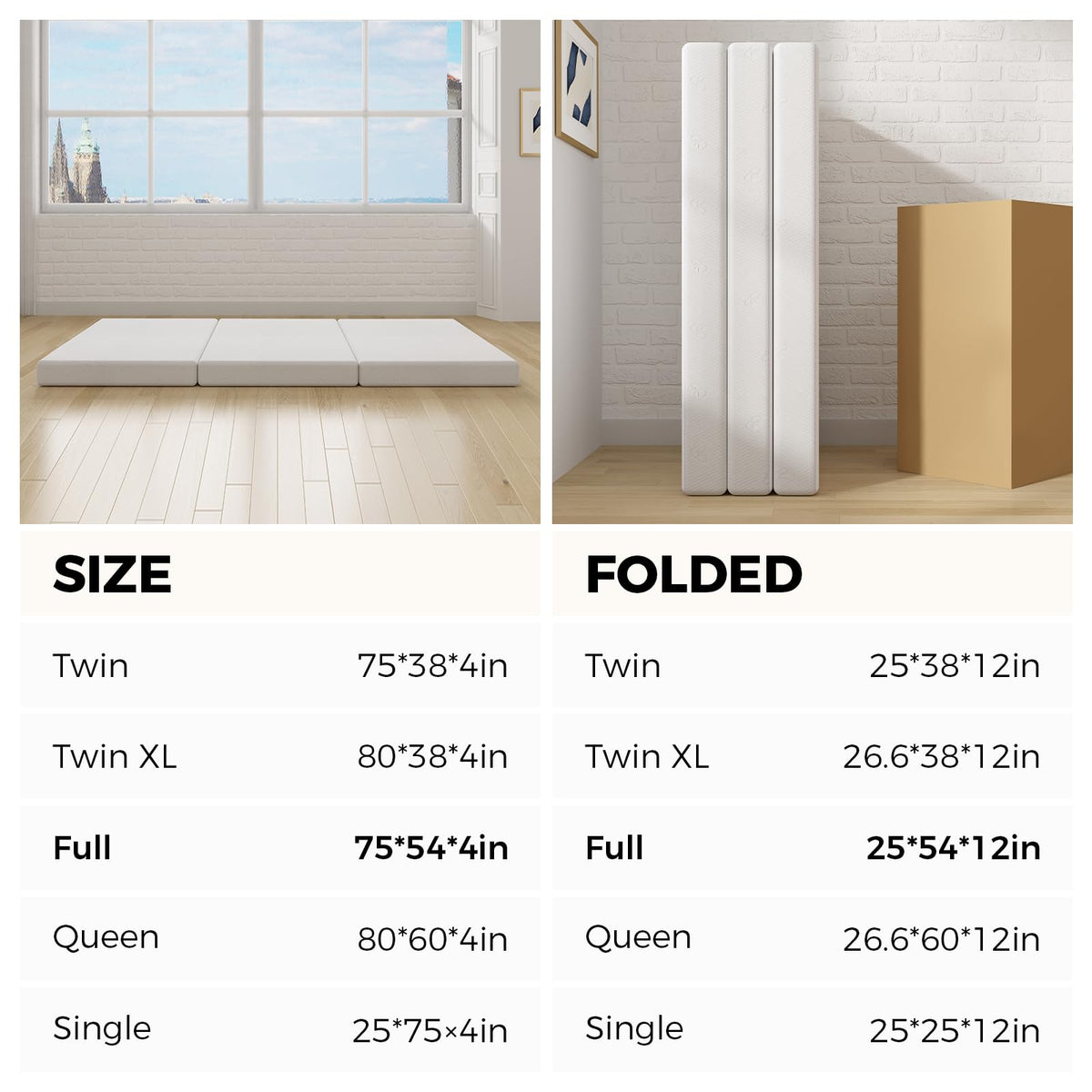 4 Inch Memory Foam Tri-fold Mattress Topper W8203