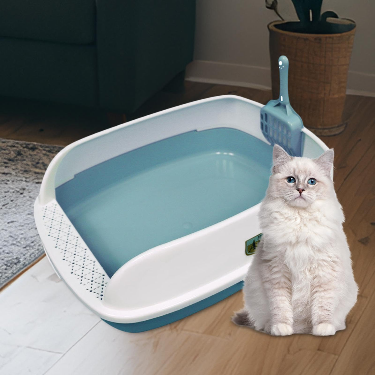 Blue High Sided Cat Litter Box with Scoop H9708