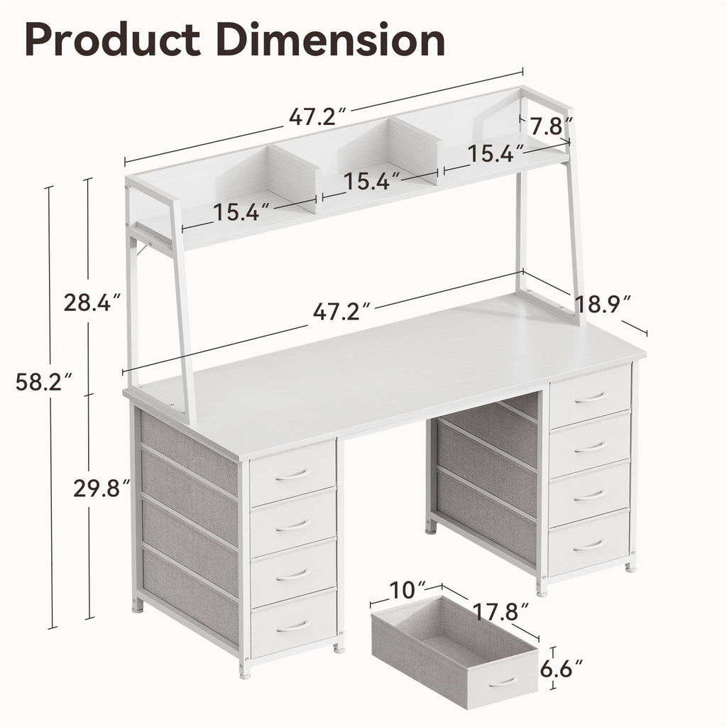 48 Inch White Computer Desk with Hutch and 8 Drawers F413