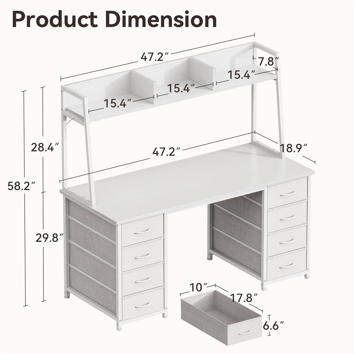 48 Inch White Computer Desk with Hutch and 8 Drawers F413