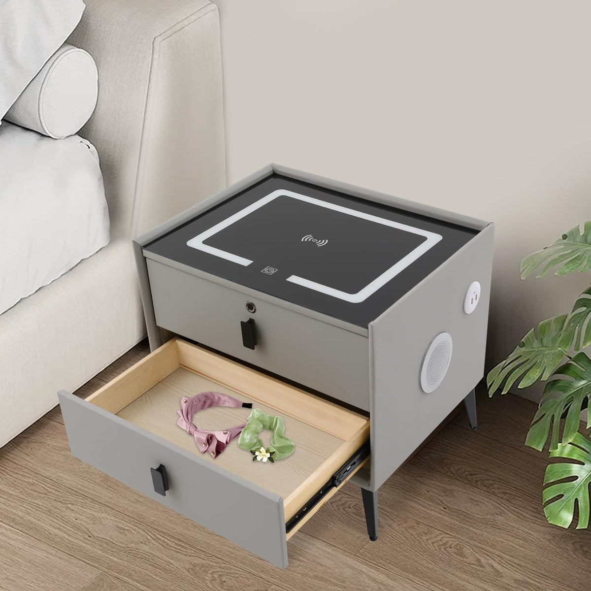 Light Grey Smart Nightstand with Wireless Charging C852713