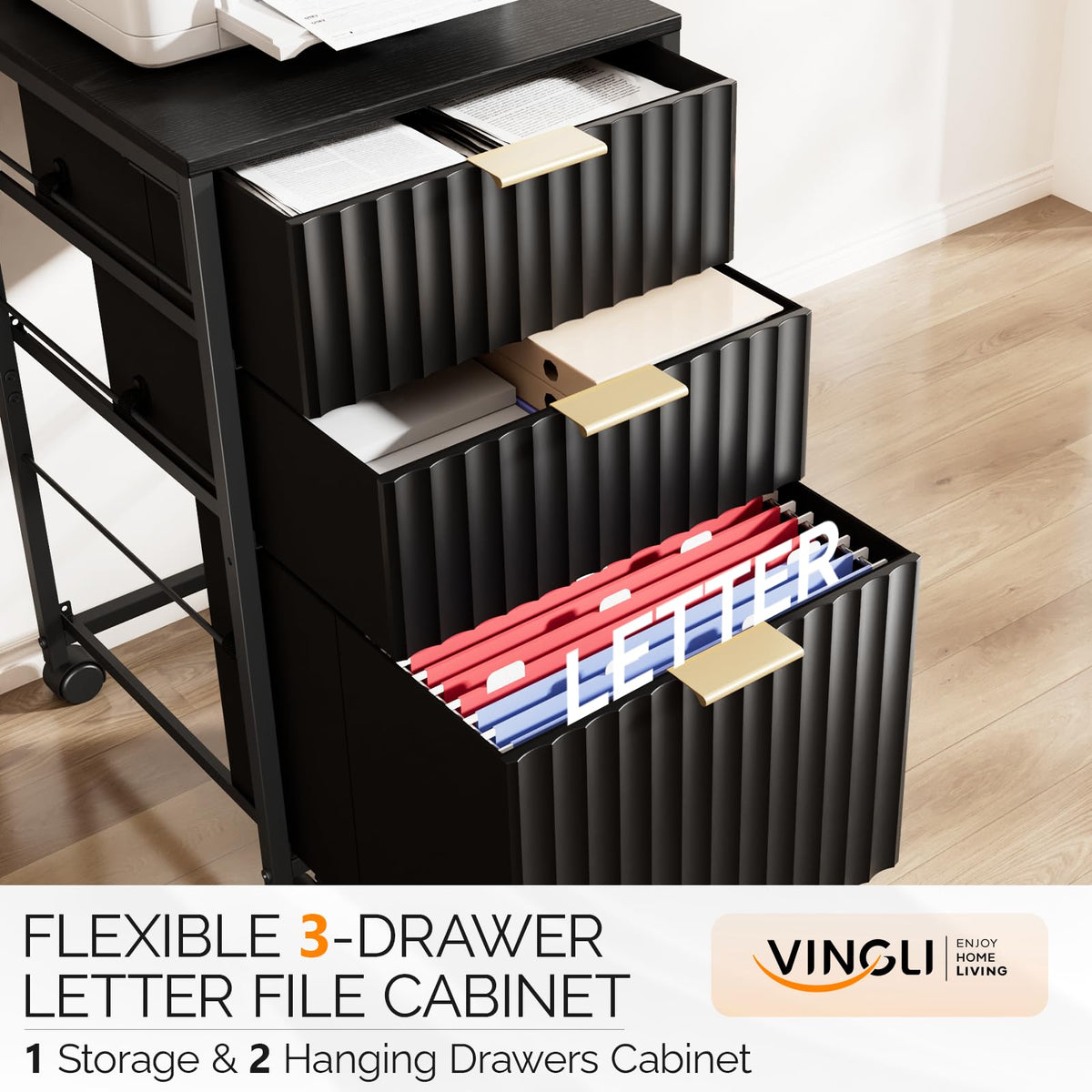 Black 3 Drawer Rolling File Cabinet with Wheels N17820