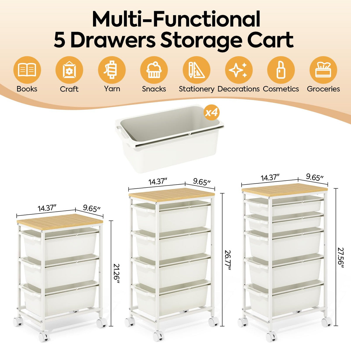 Slim Rolling Cart with 4 Drawers Y3575
