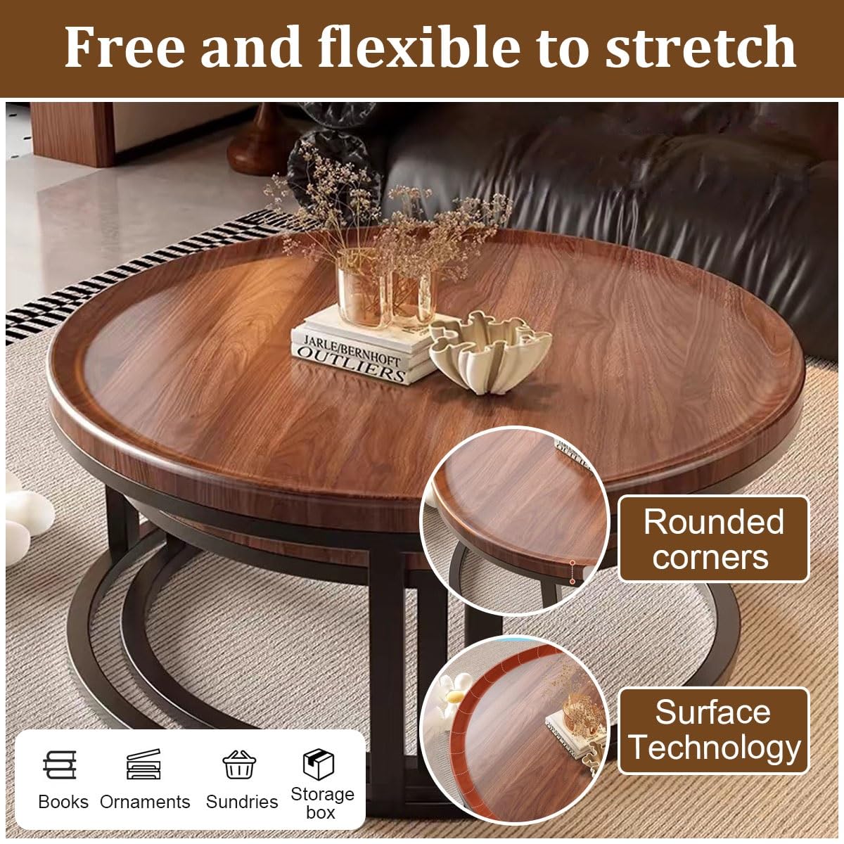 Round Nesting Coffee Tables 2-Piece Set Wood Top Metal Frame O473153