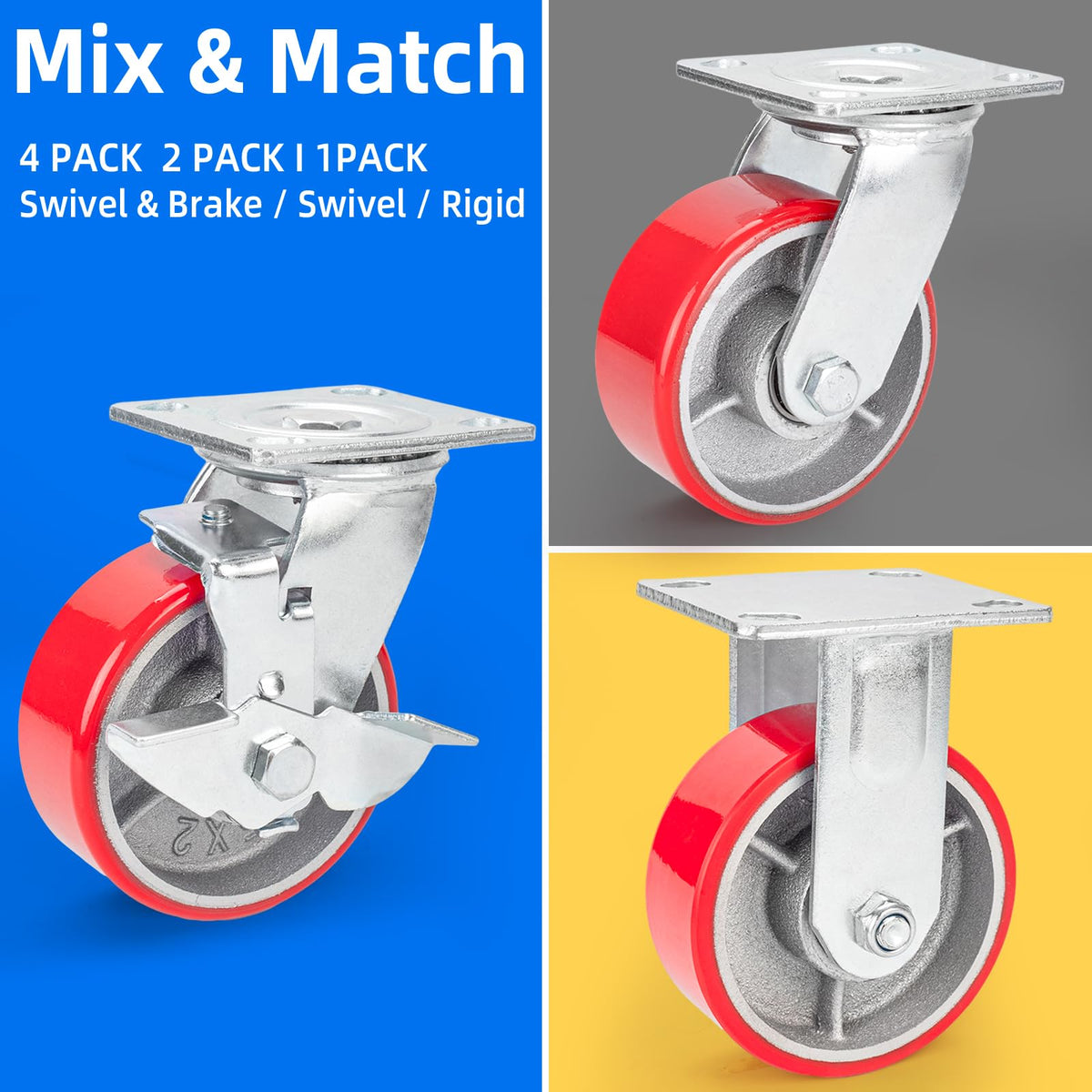 5 Inch Polyurethane Swivel Plate Casters Set of 4 with Brake M33043