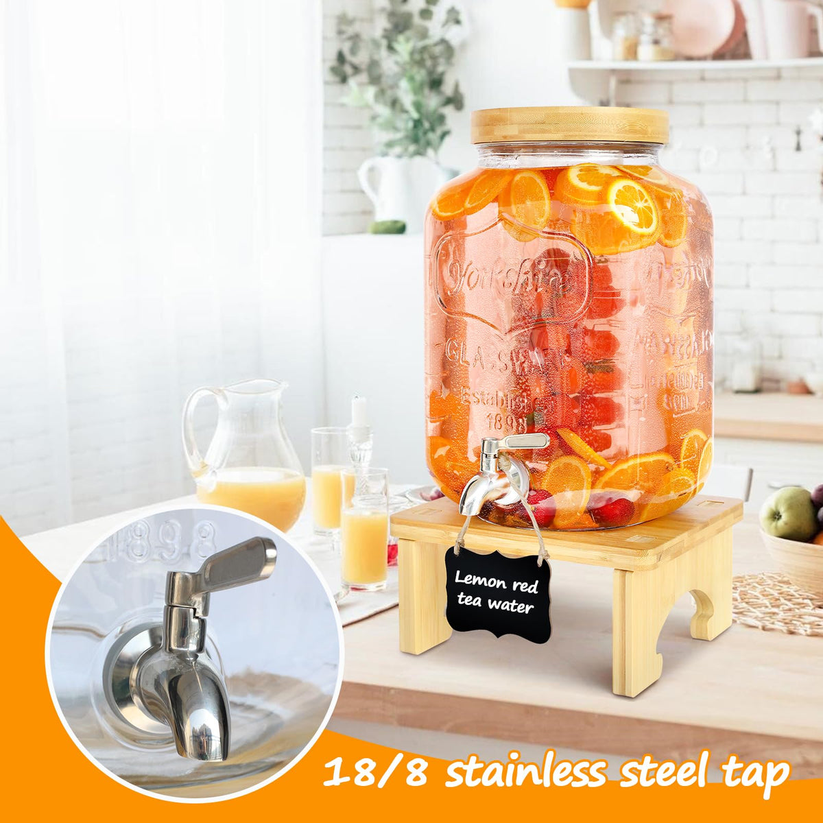 2 Gallon Glass Beverage Dispenser with Wood Stand X41730