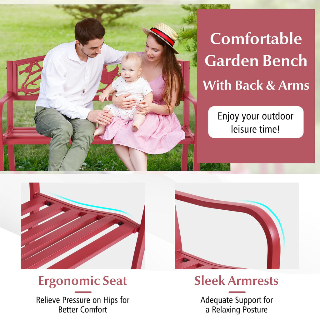 Metal Outdoor Garden Bench with Bird & Twig Back Pattern, Seats 2-3 Persons B6745