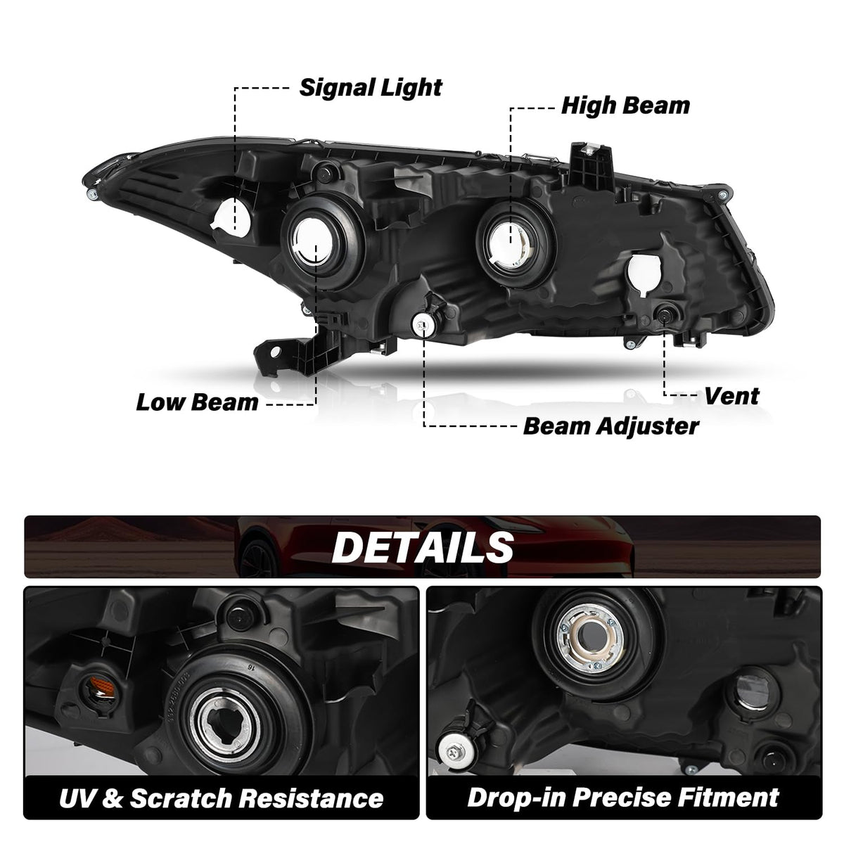 Headlight Assembly Replacement Chrome Housing with Amber Reflector C314