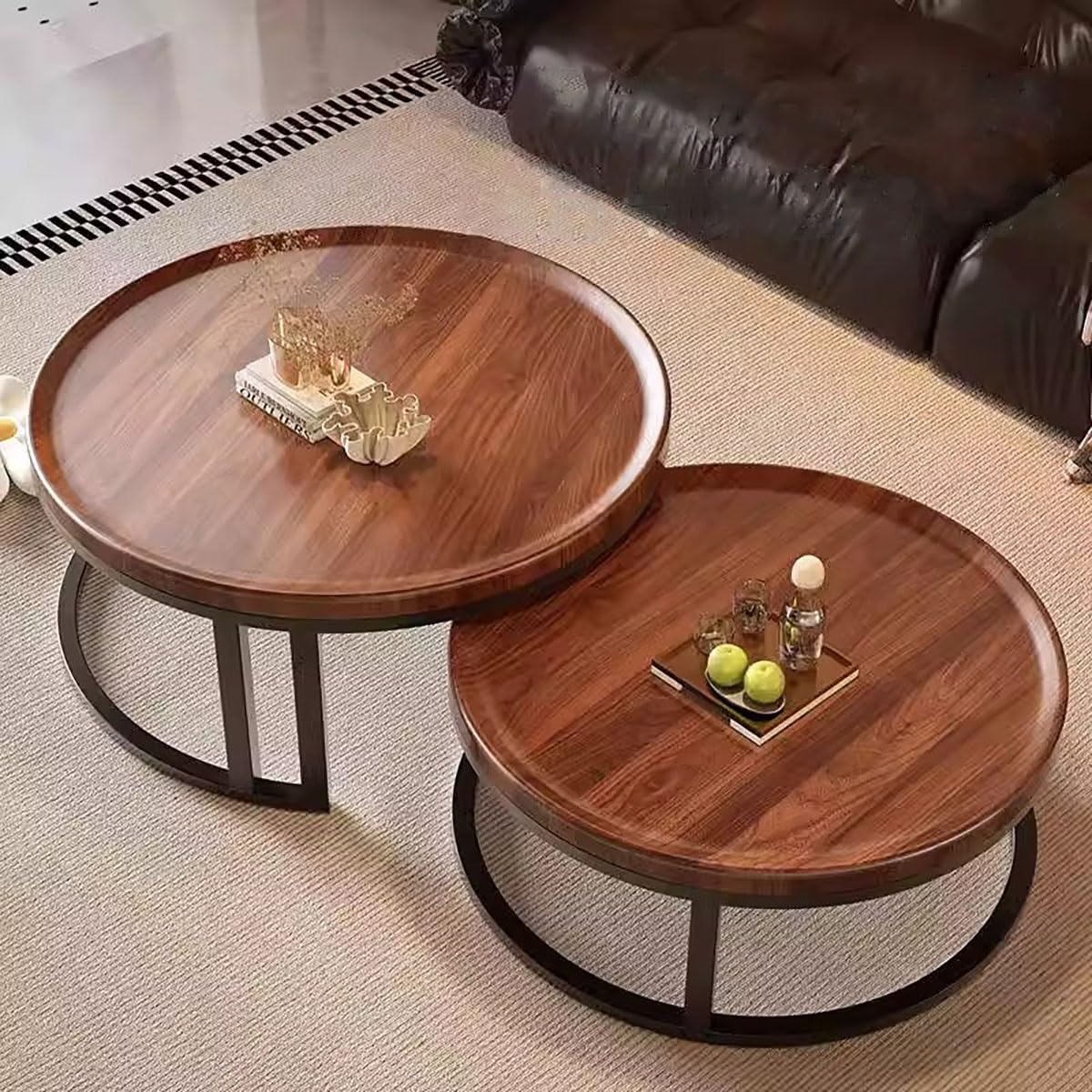 Round Nesting Coffee Tables 2-Piece Set Wood Top Metal Frame O473153