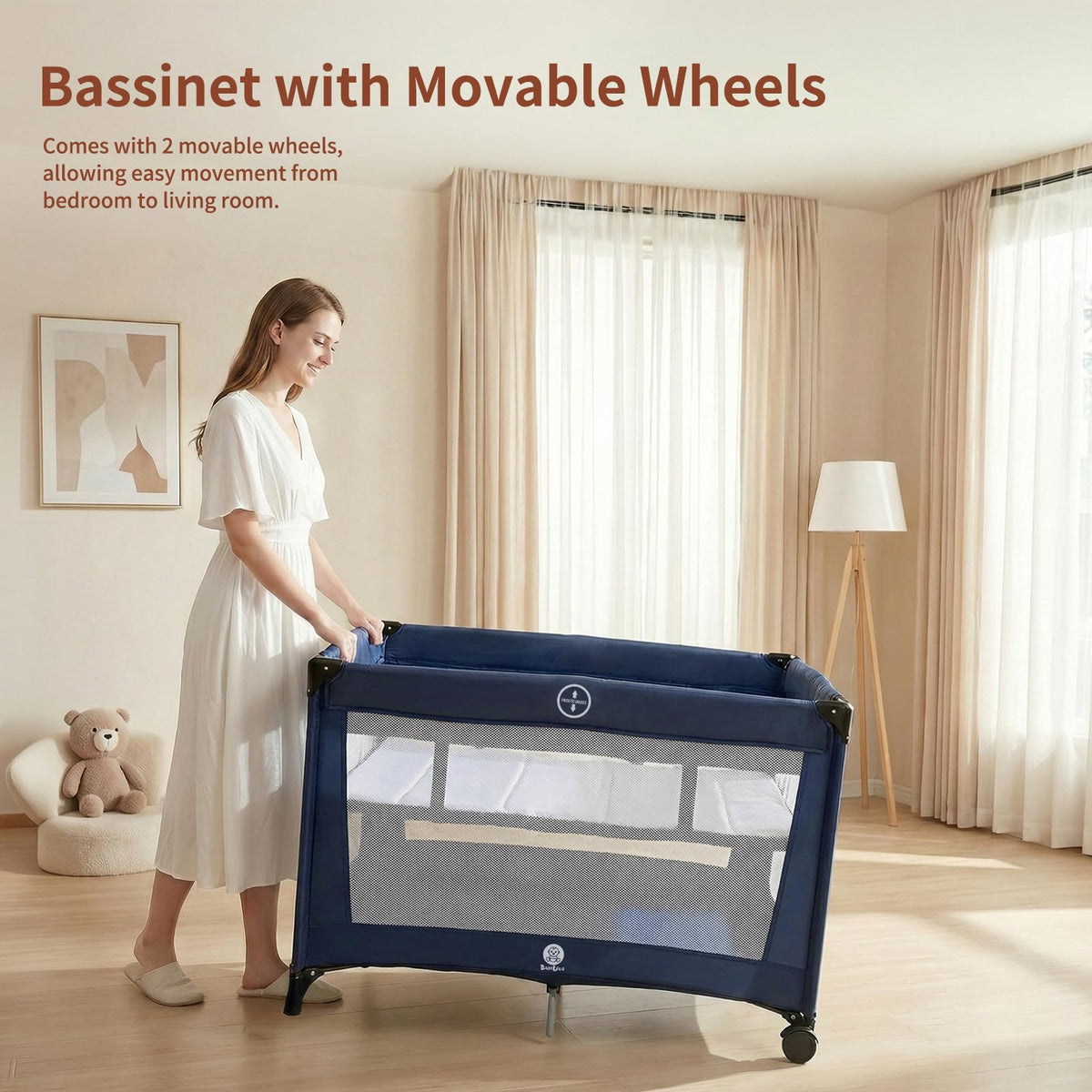 Portable Baby Bassinet with Wheels, Blue H2086
