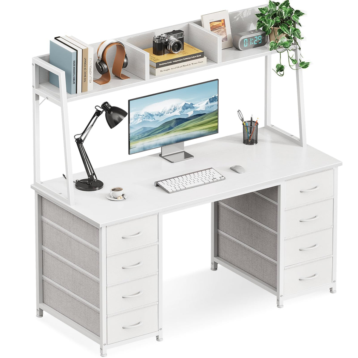 48 Inch White Computer Desk with Hutch and 8 Drawers F413