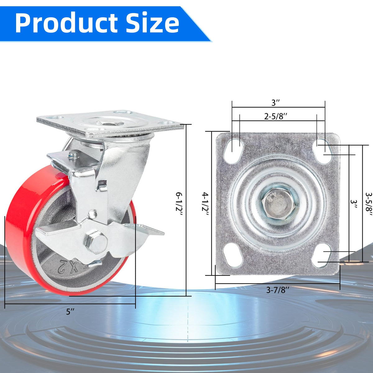 5 Inch Polyurethane Swivel Plate Casters Set of 4 with Brake M33043