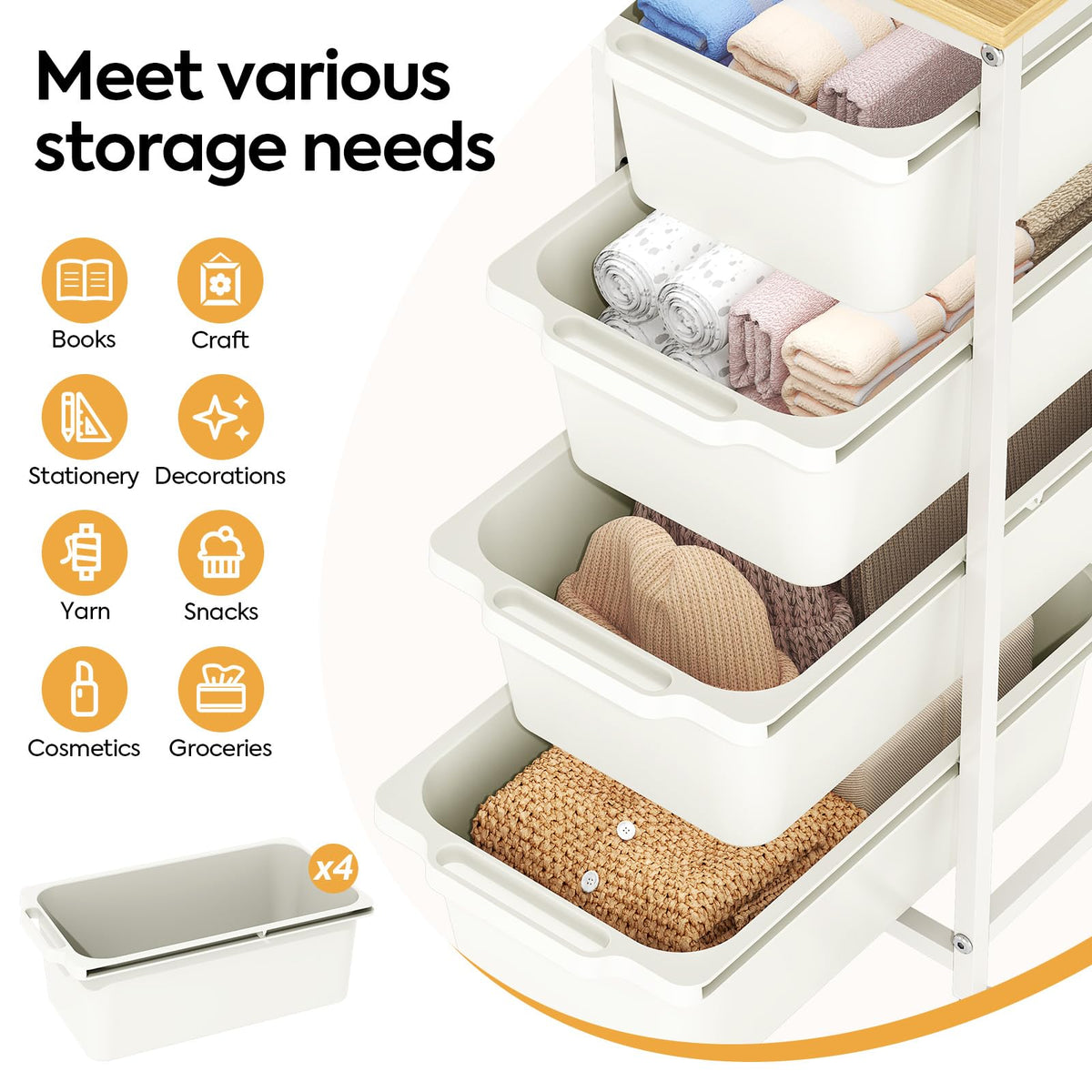 Slim Rolling Cart with 4 Drawers Y3575