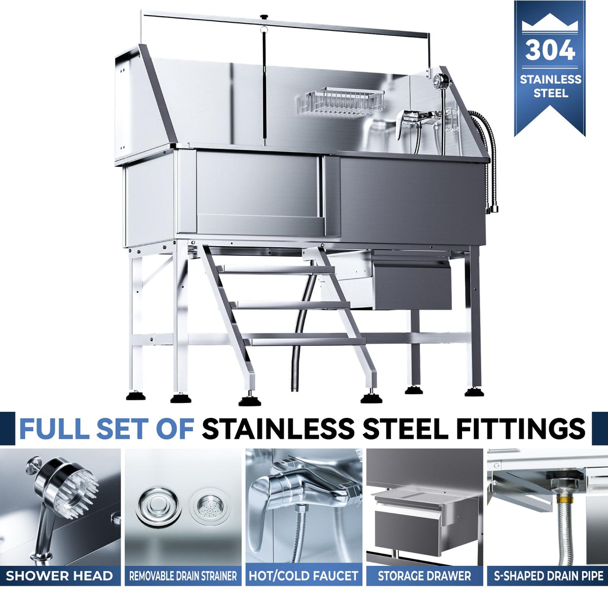 46" Stainless Steel Dog Washing Station with Stairs D7398