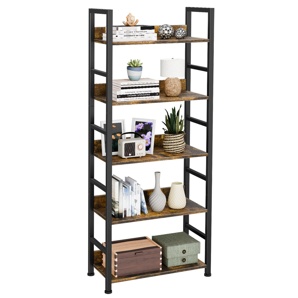 5 Tier Wood and Black Metal Bookshelf O6350
