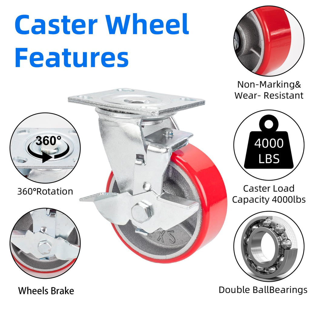 5 Inch Polyurethane Swivel Plate Casters Set of 4 with Brake M33043