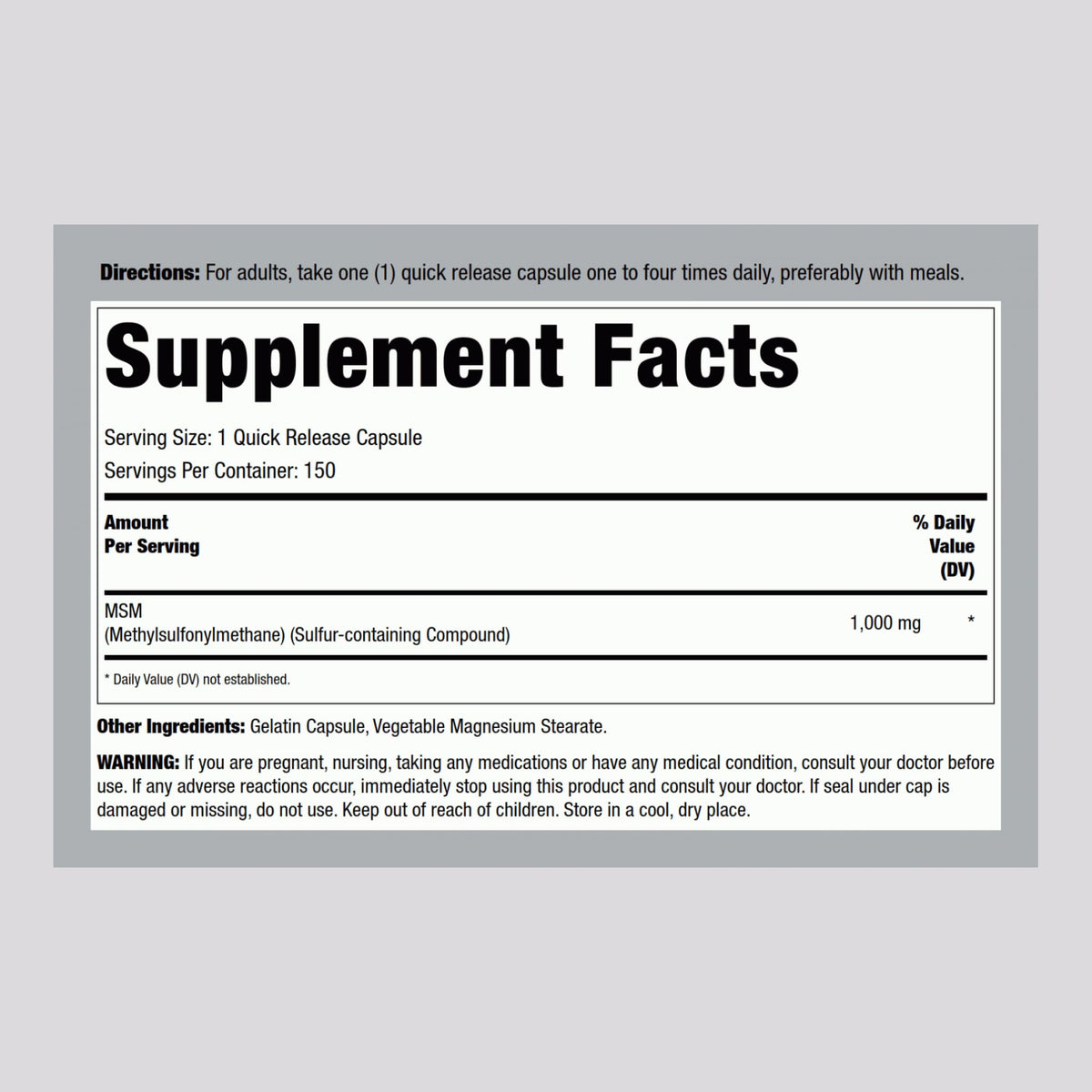 MSM Supplement 1000mg 150 Powder Capsules J15420