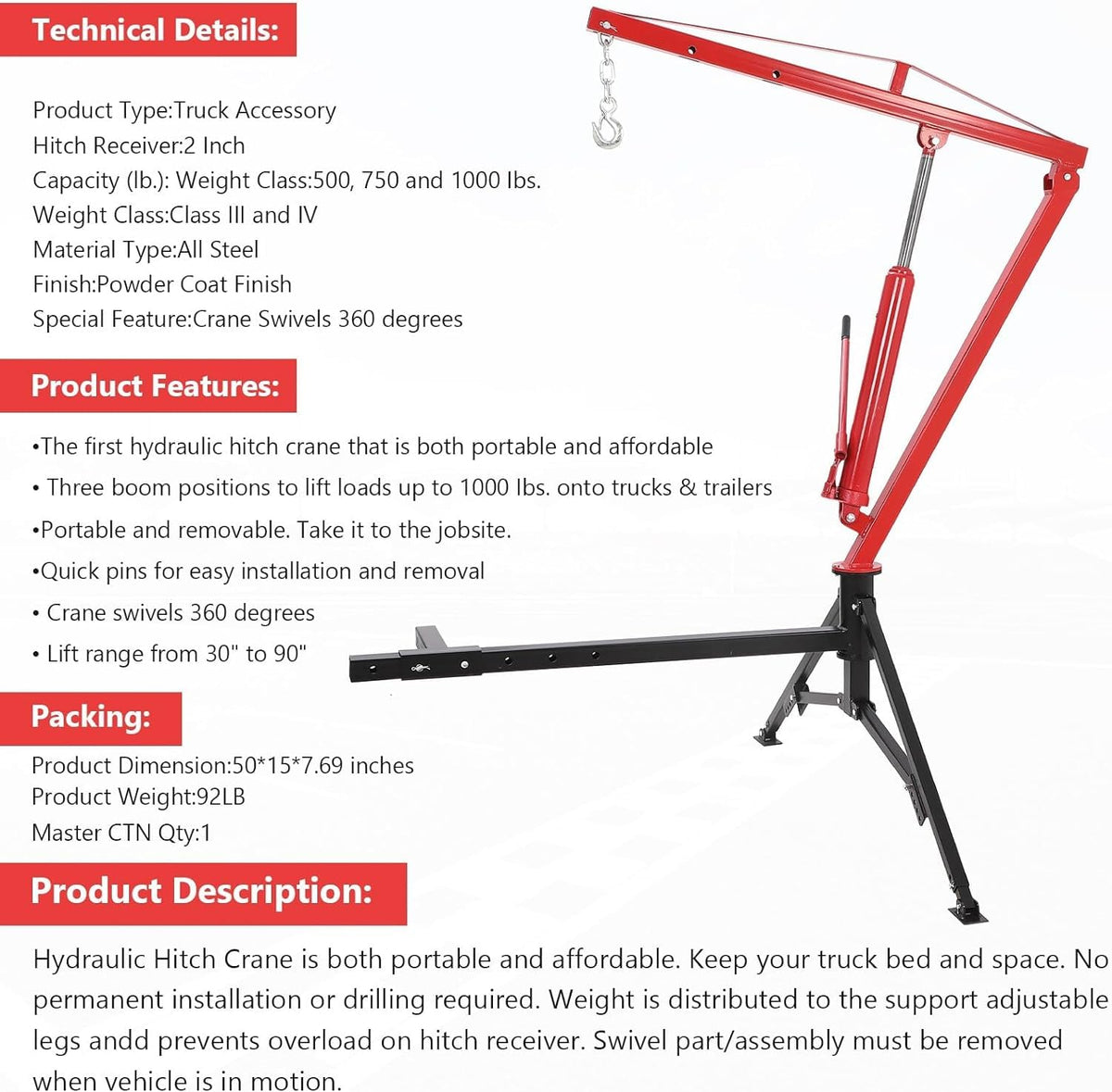 Hydraulic Pickup Truck Crane, 1000 Lbs Capacity, 360° Swivel, Red N2278