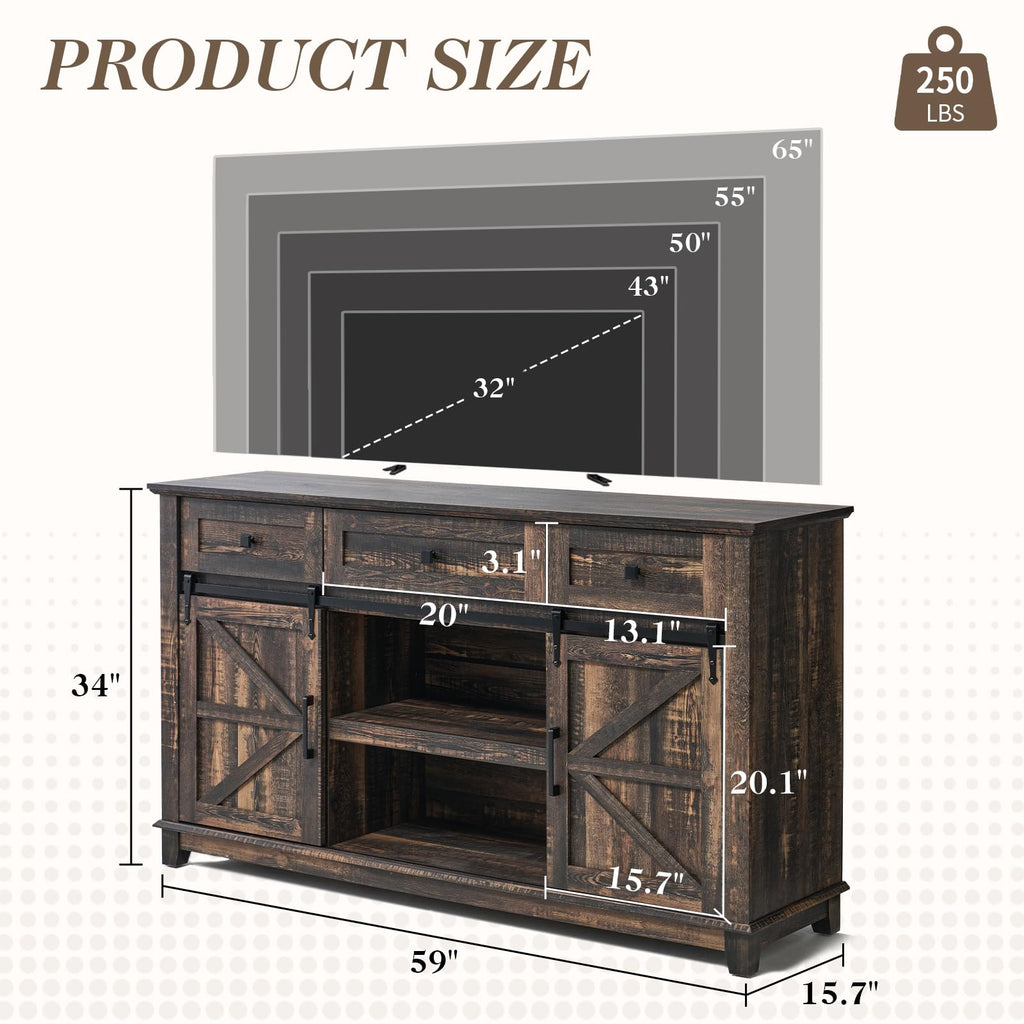 59" Dark Rustic Oak Farmhouse TV Stand with Storage Drawers T299145