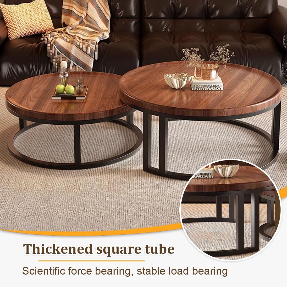 Round Nesting Coffee Tables 2-Piece Set Wood Top Metal Frame O473153