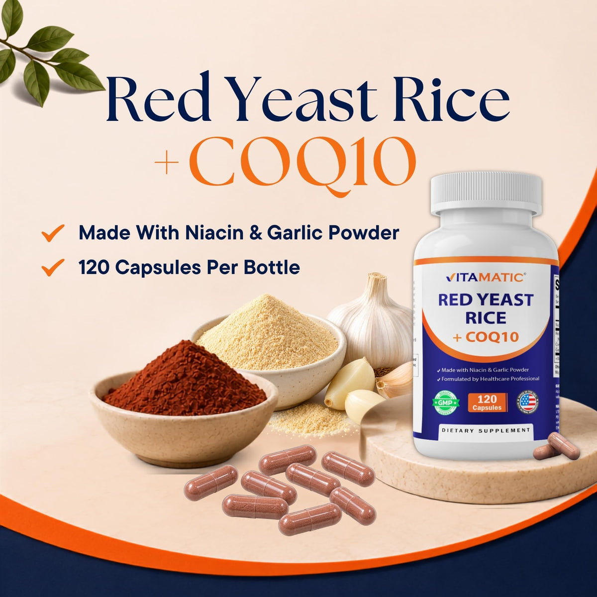 Red Yeast Rice CoQ10 Niacin Garlic 120 Veg Capsules U619