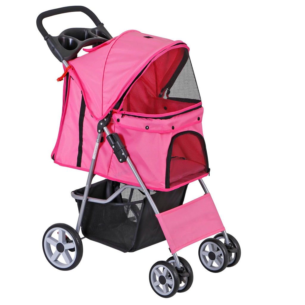 4 Wheels Folding Dog Stroller with Storage Basket, Pink Y339450
