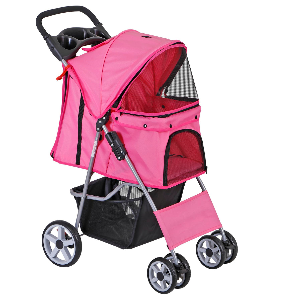 4 Wheels Folding Dog Stroller with Storage Basket, Pink Y339450