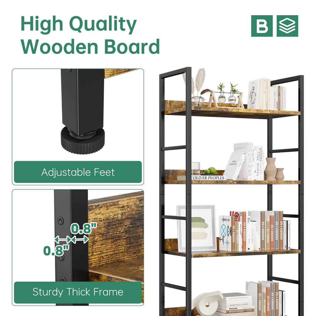 5 Tier Wood and Black Metal Bookshelf O6350