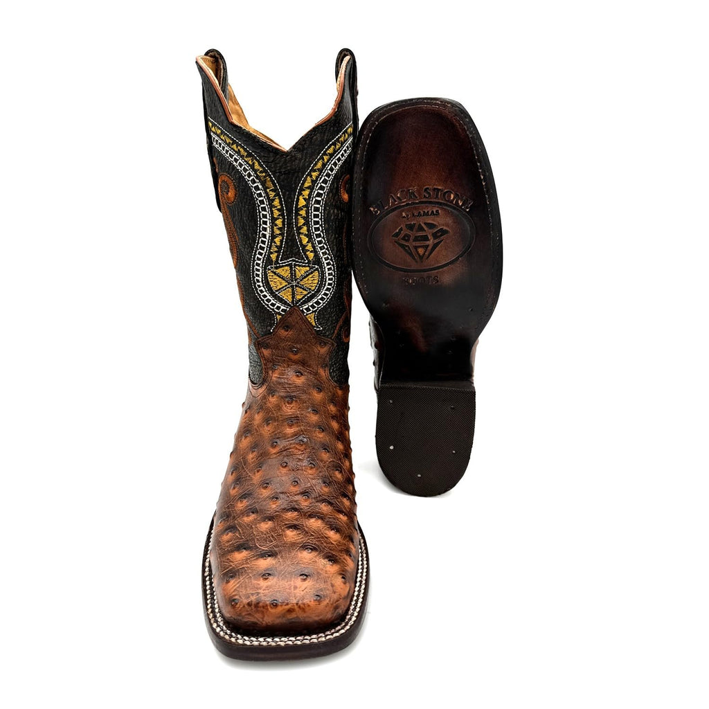 Leather Ostrich Quill Print Square Toe Western Cowboy Boot C135