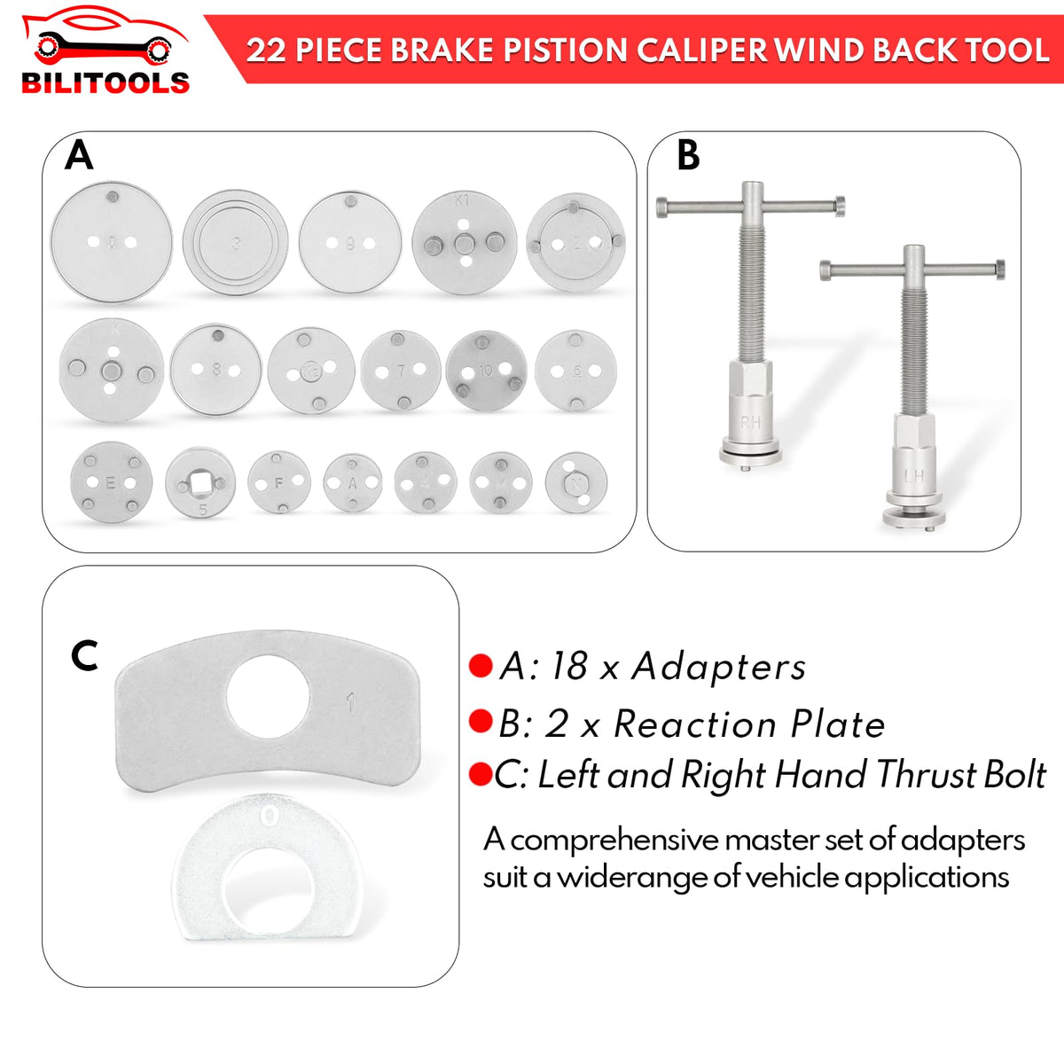 22-Piece Heavy Duty Brake Caliper Compression Tool with 18 Adapters E9402
