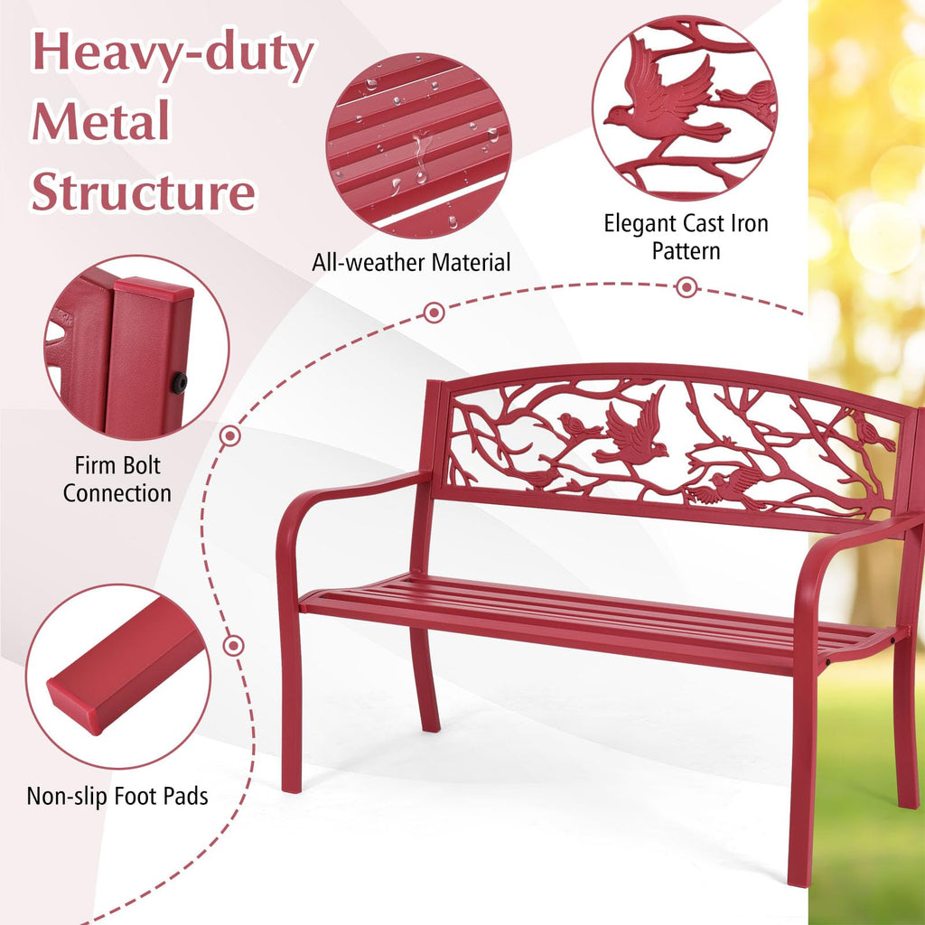 Metal Outdoor Garden Bench with Bird & Twig Back Pattern, Seats 2-3 Persons B6745