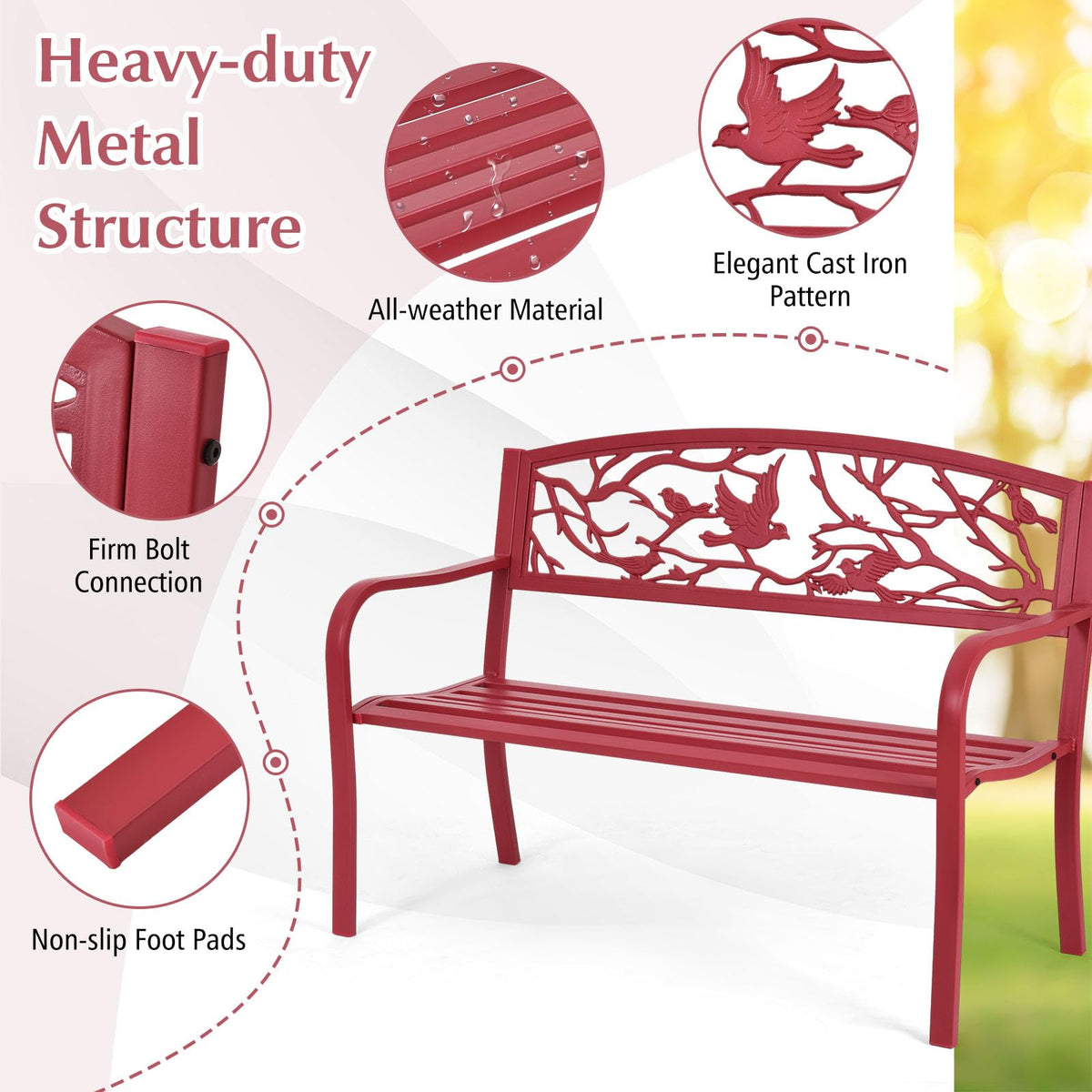 Metal Outdoor Garden Bench with Bird & Twig Back Pattern, Seats 2-3 Persons B6745