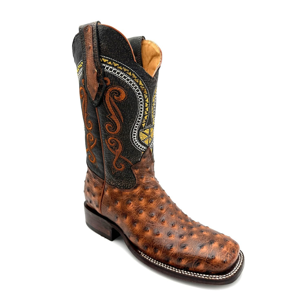 Leather Ostrich Quill Print Square Toe Western Cowboy Boot C135