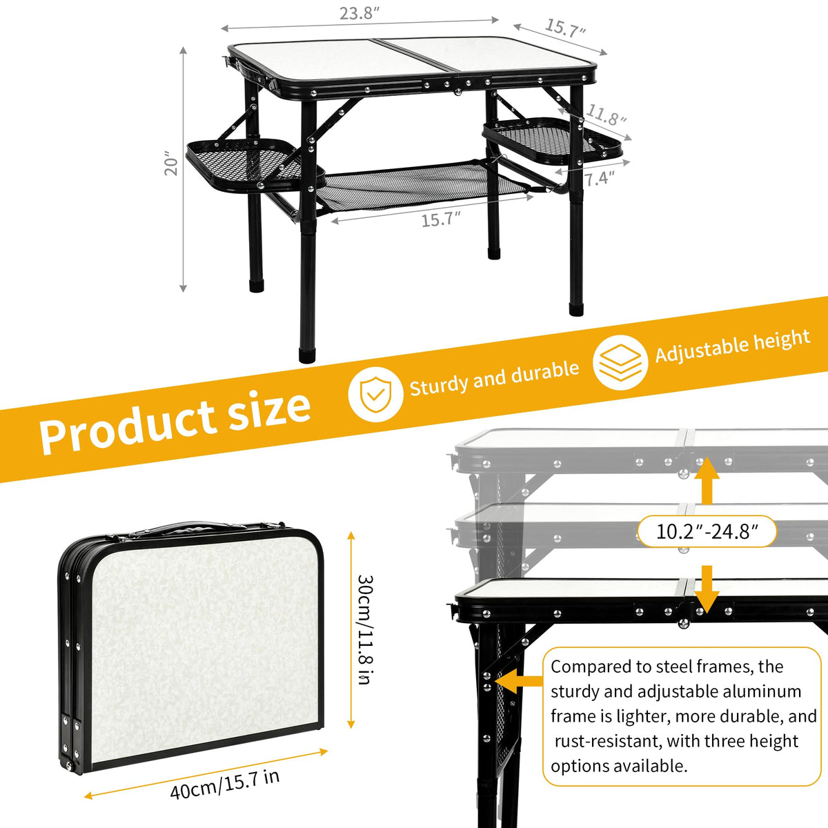 Folding Aluminum Camping Table 3-Height Adjustable with Carry Handle E1924