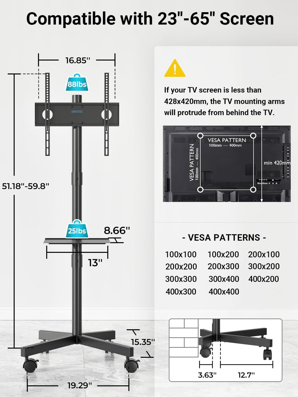 Black Rolling TV Stand for 23-65 Inch TVs Z627