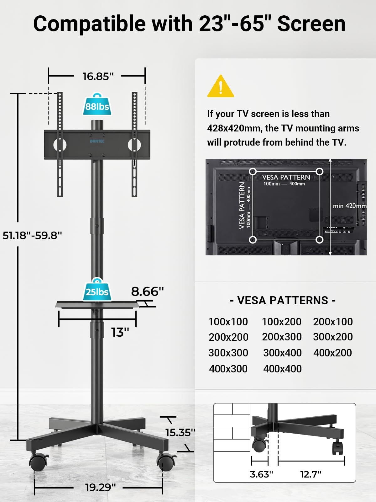 Black Rolling TV Stand for 23-65 Inch TVs Z627