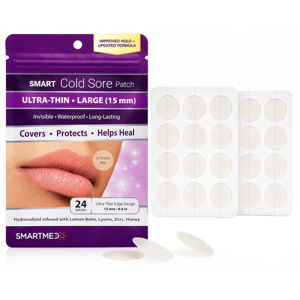 15 mm Hydrocolloid Cold Sore Patches with Lysine, Honey, Zinc & Lemon Balm, 24 Count Z378