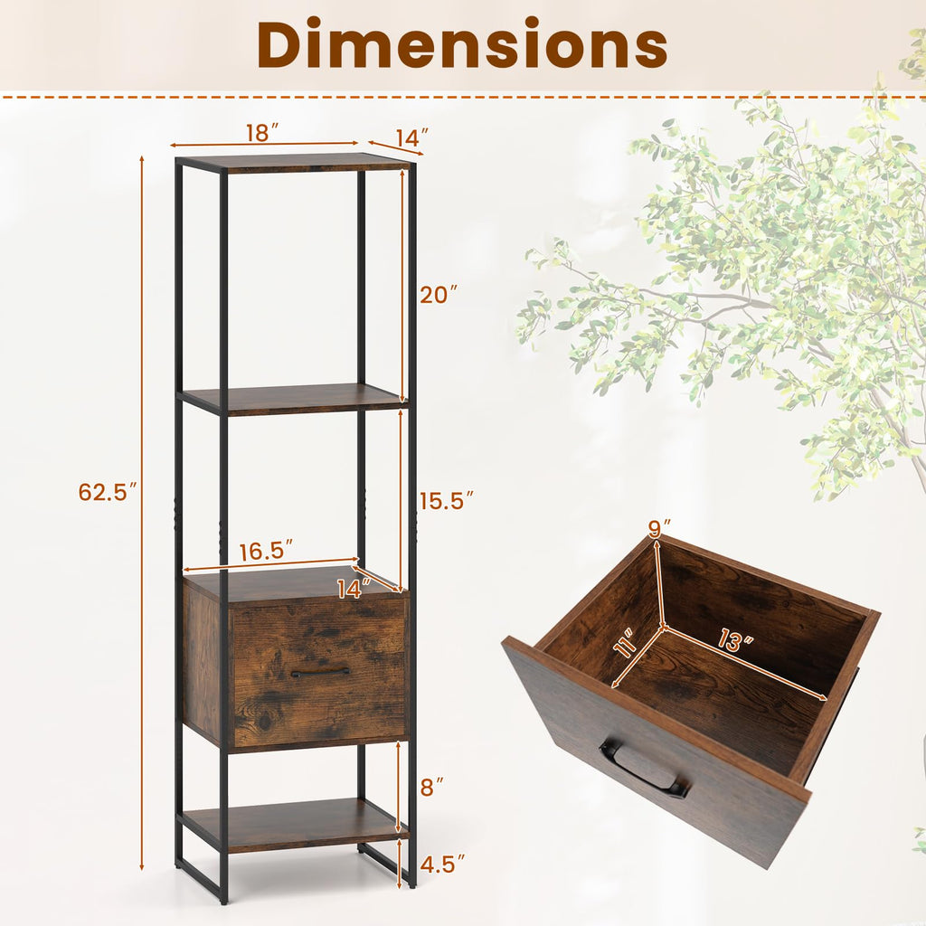 5-Tier Bookshelf with Drawer Narrow Bookcase X26538