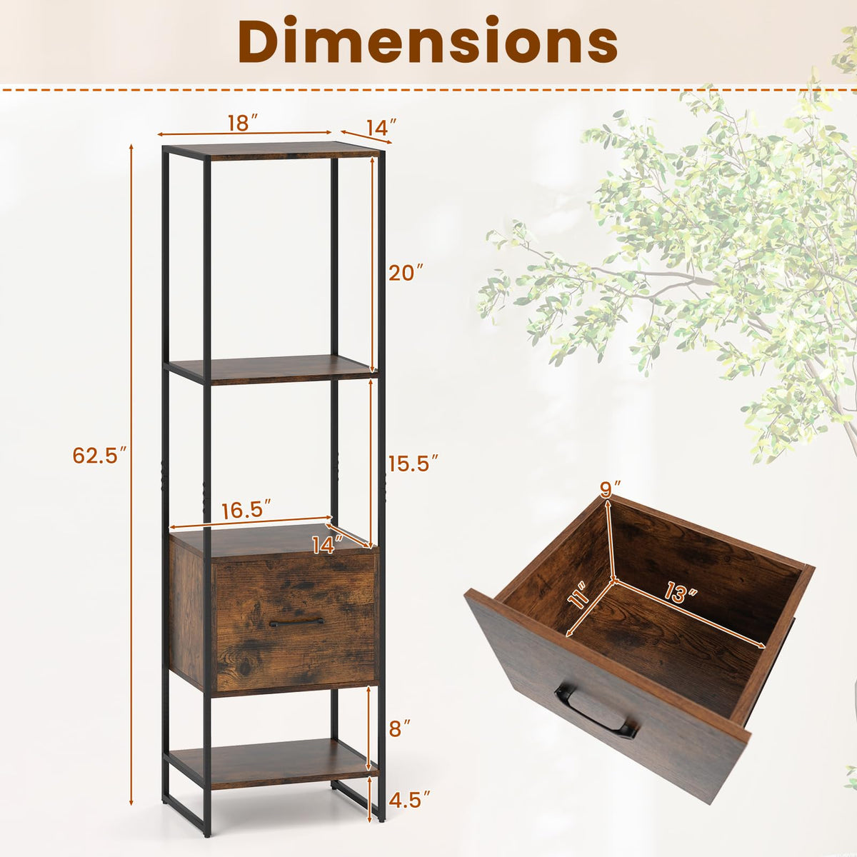 5-Tier Bookshelf with Drawer Narrow Bookcase X26538