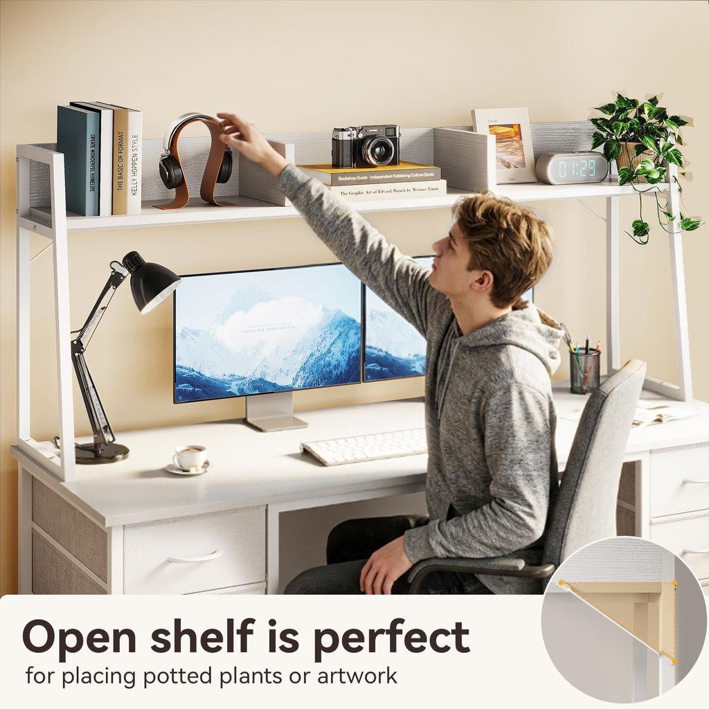 48 Inch White Computer Desk with Hutch and 8 Drawers F413