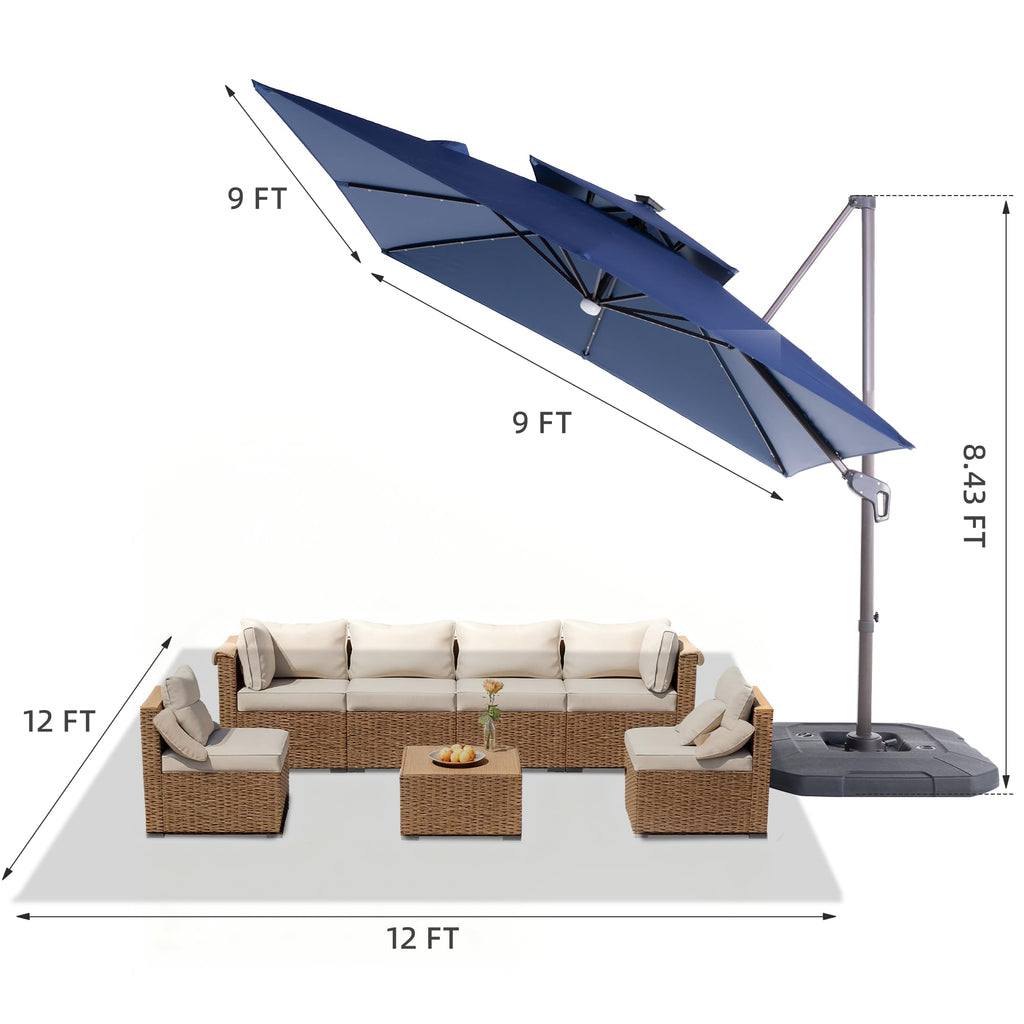 9x9 FT Cantilever Offset Patio Umbrella with Lights & Base I325