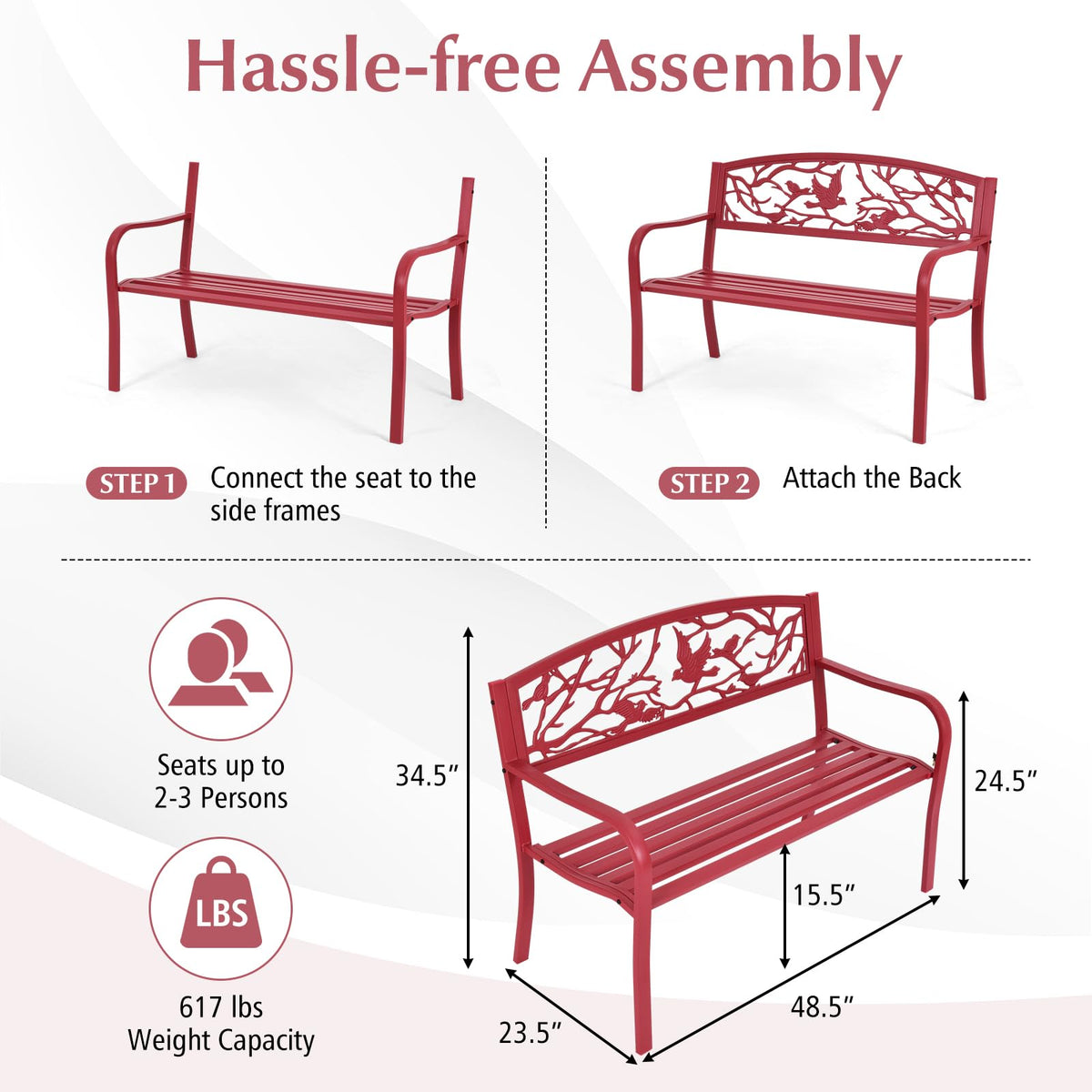 Metal Outdoor Garden Bench with Bird & Twig Back Pattern, Seats 2-3 Persons B6745