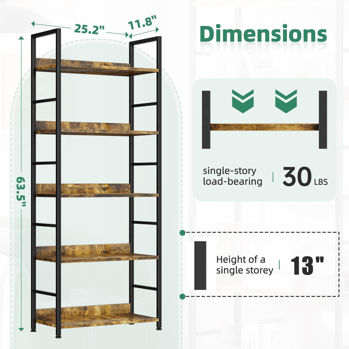 5 Tier Wood and Black Metal Bookshelf O6350